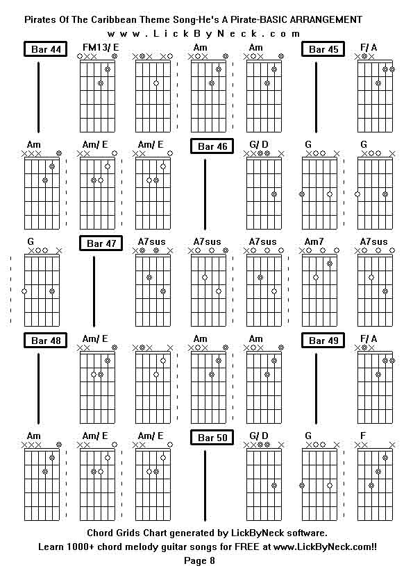 Chord Grids Chart of chord melody fingerstyle guitar song-Pirates Of The Caribbean Theme Song-He's A Pirate-BASIC ARRANGEMENT,generated by LickByNeck software.